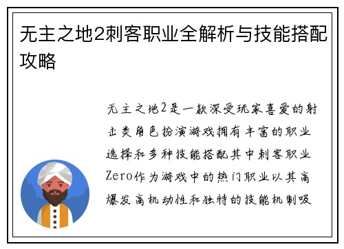 无主之地2刺客职业全解析与技能搭配攻略